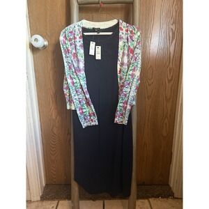 NWT Talbots Navy Blue Sleeveless Dress(SP) W/‎ Floral Cardigan (M)
